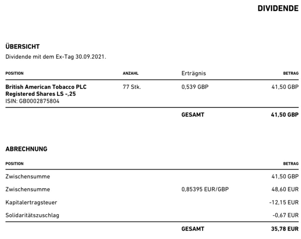 Dividenden €48,60 von British American Tobacco